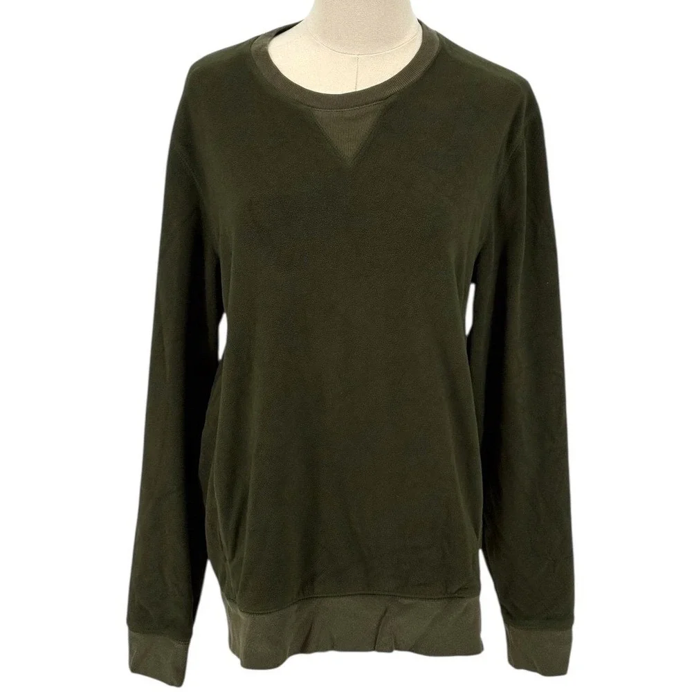Mens Dark Green Fleece Crewneck Sweatshirt Long Sleeve V-Stitch Accent